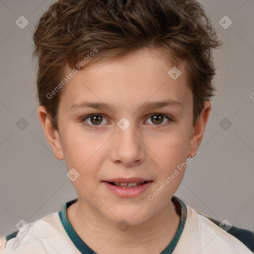 Joyful white child male with short  brown hair and brown eyes