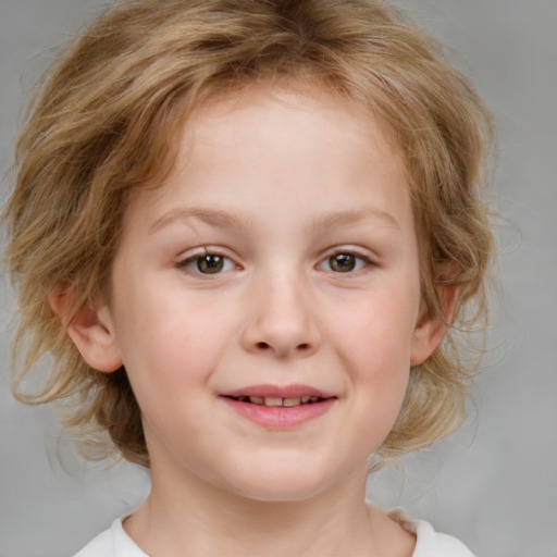 Joyful white child female with medium  brown hair and blue eyes