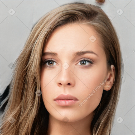 Neutral white young-adult female with long  brown hair and brown eyes