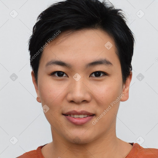 Joyful asian young-adult female with short  black hair and brown eyes