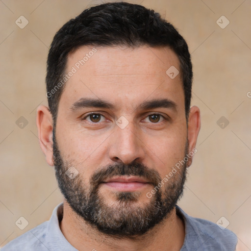 Neutral white young-adult male with short  black hair and brown eyes