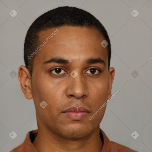 Neutral latino young-adult male with short  brown hair and brown eyes
