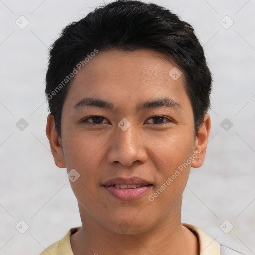 Joyful asian young-adult male with short  brown hair and brown eyes