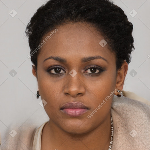 Neutral black young-adult female with short  brown hair and brown eyes