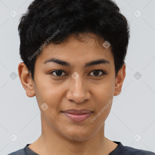 Joyful latino young-adult female with short  brown hair and brown eyes