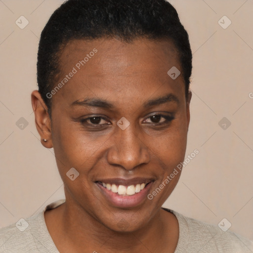 Joyful black young-adult female with short  brown hair and brown eyes