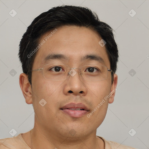 Neutral asian young-adult male with short  brown hair and brown eyes