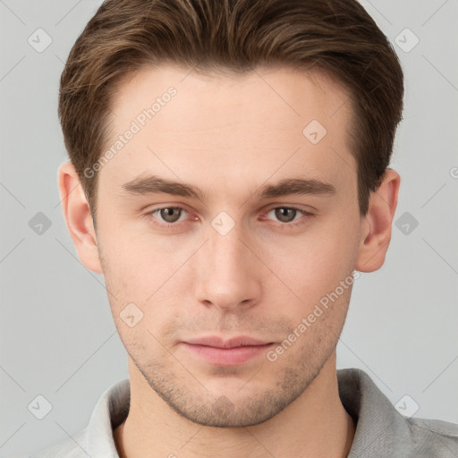 Neutral white young-adult male with short  brown hair and brown eyes