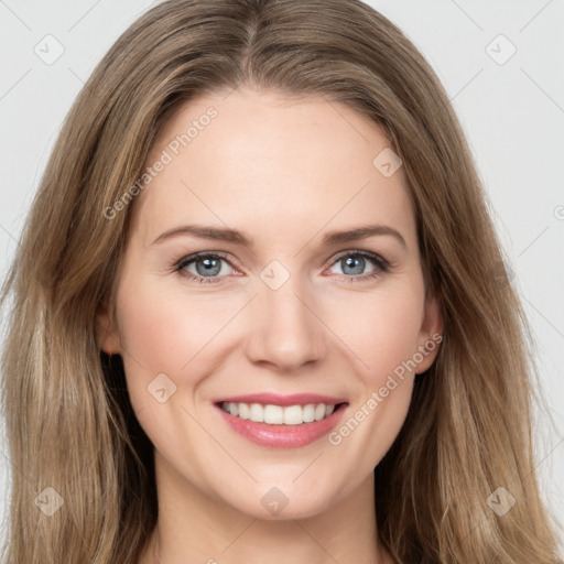 Joyful white young-adult female with long  brown hair and grey eyes