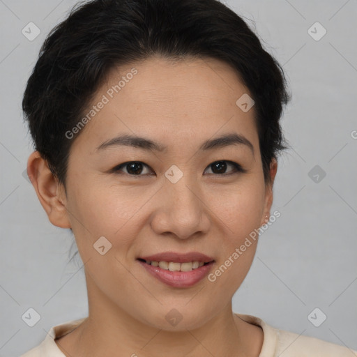 Joyful asian young-adult female with short  brown hair and brown eyes