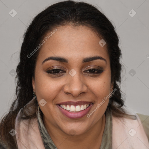 Joyful latino young-adult female with long  brown hair and brown eyes