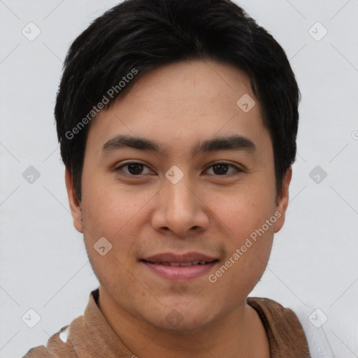 Joyful asian young-adult male with short  black hair and brown eyes