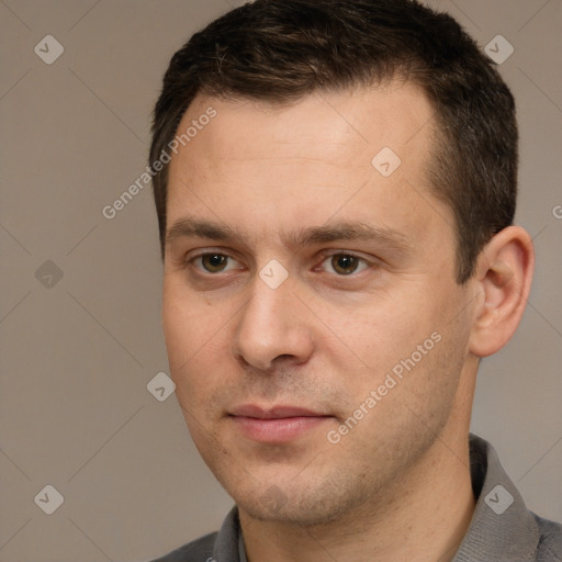 Neutral white young-adult male with short  brown hair and brown eyes