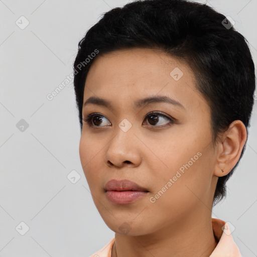 Neutral asian young-adult female with short  black hair and brown eyes