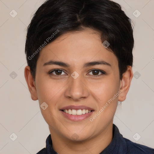 Joyful white young-adult female with short  brown hair and brown eyes