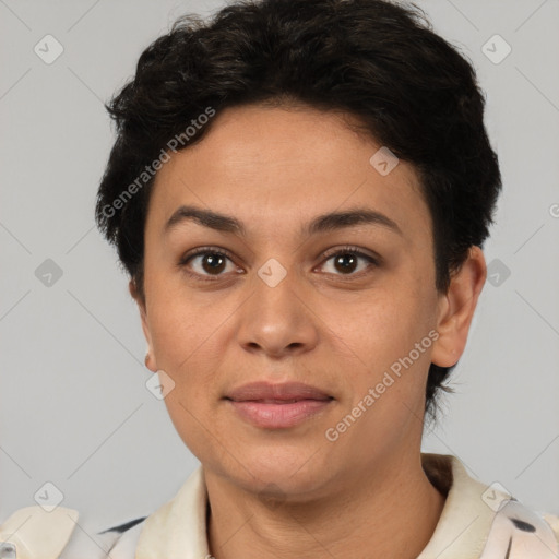 Joyful latino young-adult female with short  brown hair and brown eyes