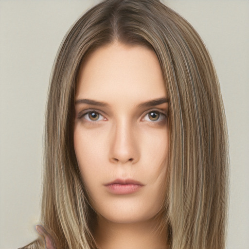 Neutral white young-adult female with long  brown hair and brown eyes