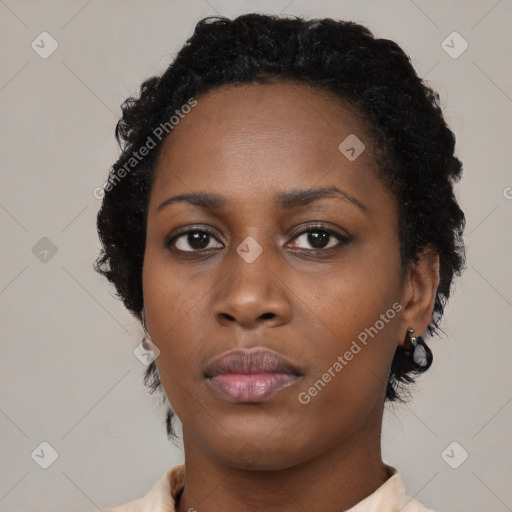 Neutral black young-adult female with short  black hair and brown eyes