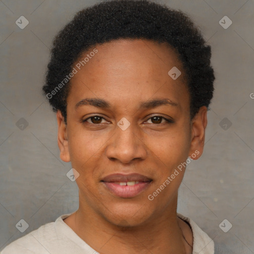 Joyful black young-adult female with short  black hair and brown eyes