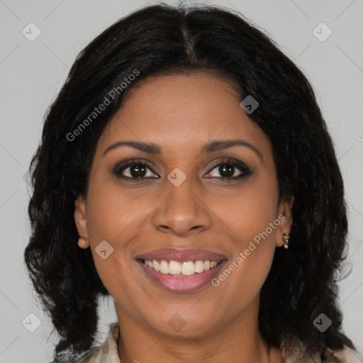 Joyful black young-adult female with medium  brown hair and brown eyes