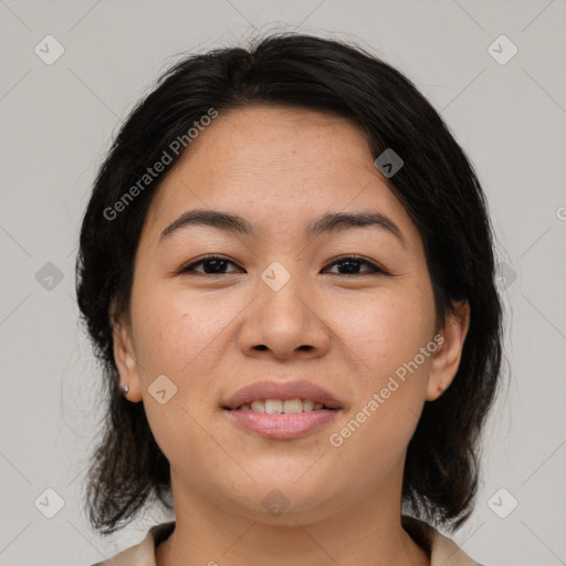 Joyful asian young-adult female with medium  brown hair and brown eyes