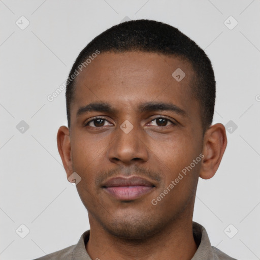 Neutral black young-adult male with short  black hair and brown eyes