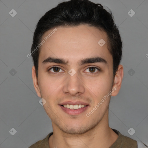 Joyful white young-adult male with short  brown hair and brown eyes