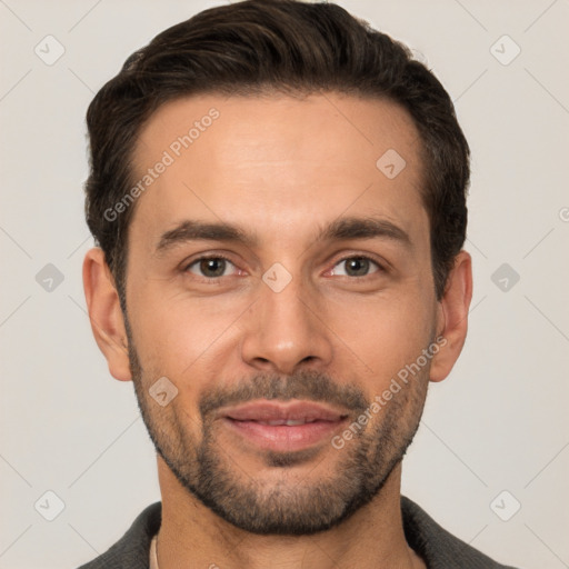 Joyful white young-adult male with short  brown hair and brown eyes