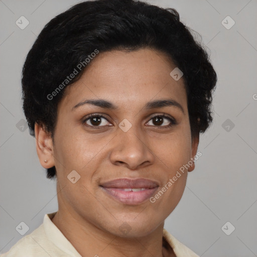 Joyful latino young-adult female with short  brown hair and brown eyes