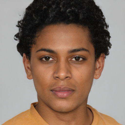 Neutral black young-adult female with short  brown hair and brown eyes