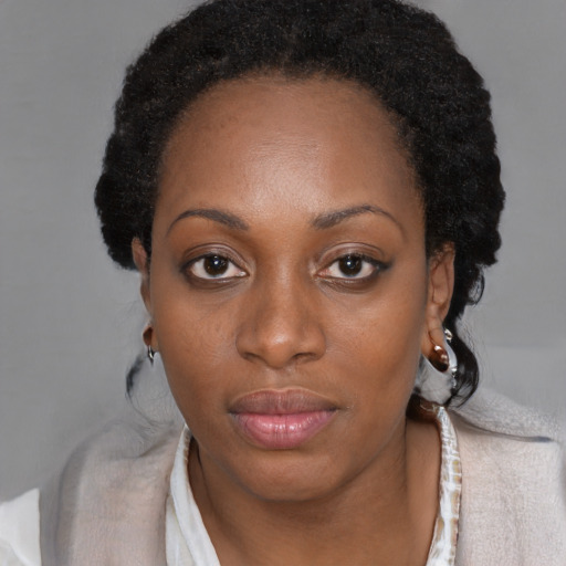 Neutral black young-adult female with short  black hair and brown eyes