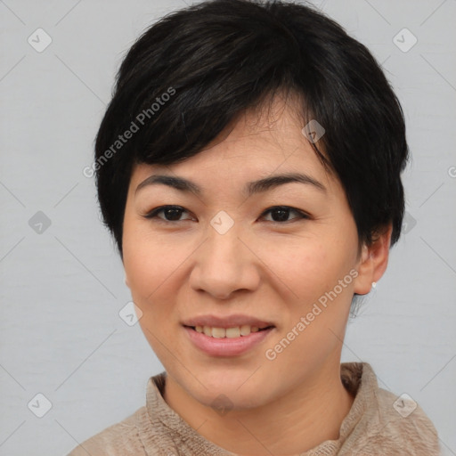 Joyful asian young-adult female with short  brown hair and brown eyes