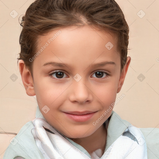 Joyful white child female with short  brown hair and brown eyes