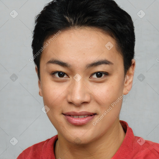 Joyful asian young-adult female with short  brown hair and brown eyes