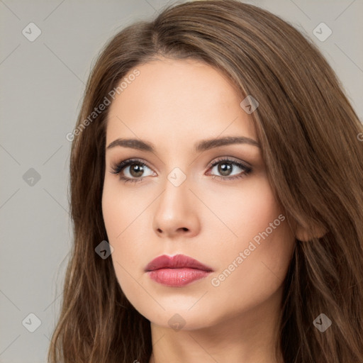 Neutral white young-adult female with long  brown hair and brown eyes