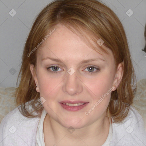 Joyful white young-adult female with medium  brown hair and blue eyes