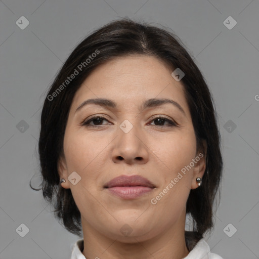 Joyful white adult female with medium  brown hair and brown eyes