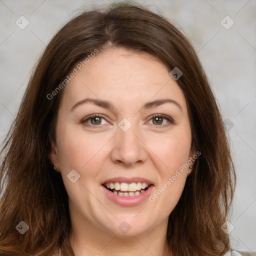 Joyful white young-adult female with medium  brown hair and green eyes