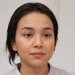 Neutral asian young-adult female with medium  brown hair and brown eyes