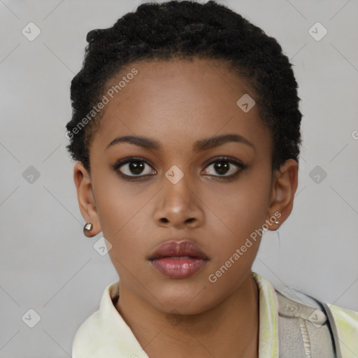 Neutral black young-adult female with short  black hair and brown eyes