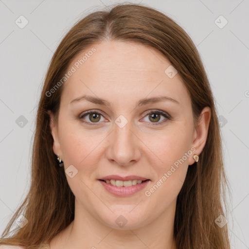 Joyful white young-adult female with long  brown hair and grey eyes