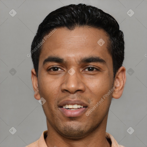 Joyful latino young-adult male with short  black hair and brown eyes