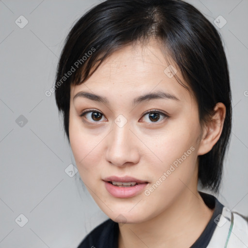 Neutral white young-adult female with medium  brown hair and brown eyes