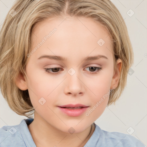 Joyful white child female with medium  brown hair and grey eyes