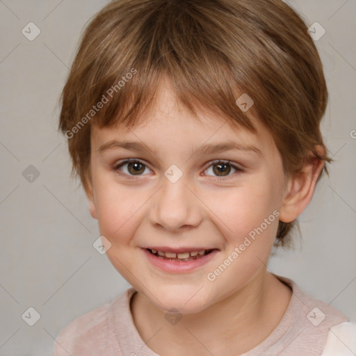 Joyful white child female with medium  brown hair and brown eyes