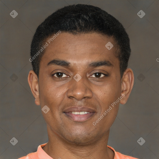 Joyful latino young-adult male with short  brown hair and brown eyes