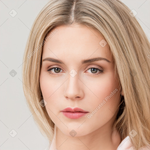 Neutral white young-adult female with long  brown hair and brown eyes