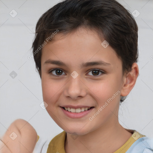 Joyful white child female with short  brown hair and brown eyes