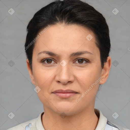 Joyful white young-adult female with short  brown hair and brown eyes