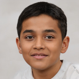 Joyful latino young-adult male with short  brown hair and brown eyes